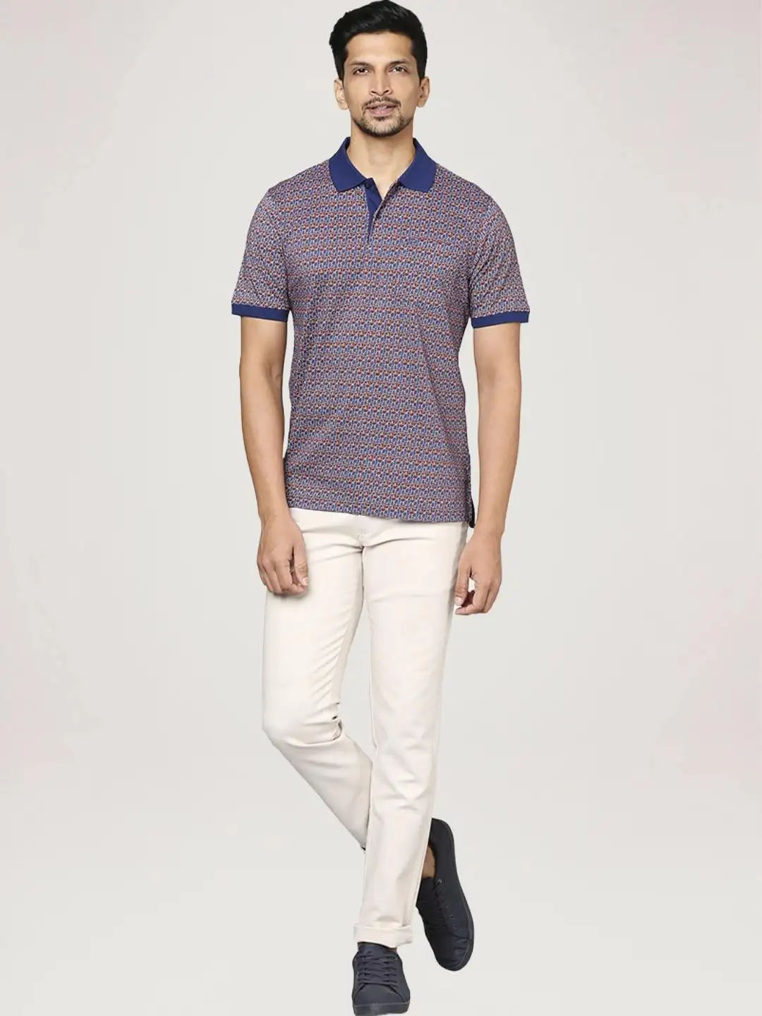 Men Blue Contemporary Fit Print Supima Cotton Half Sleeve Round Neck Collar Polo T-Shirt