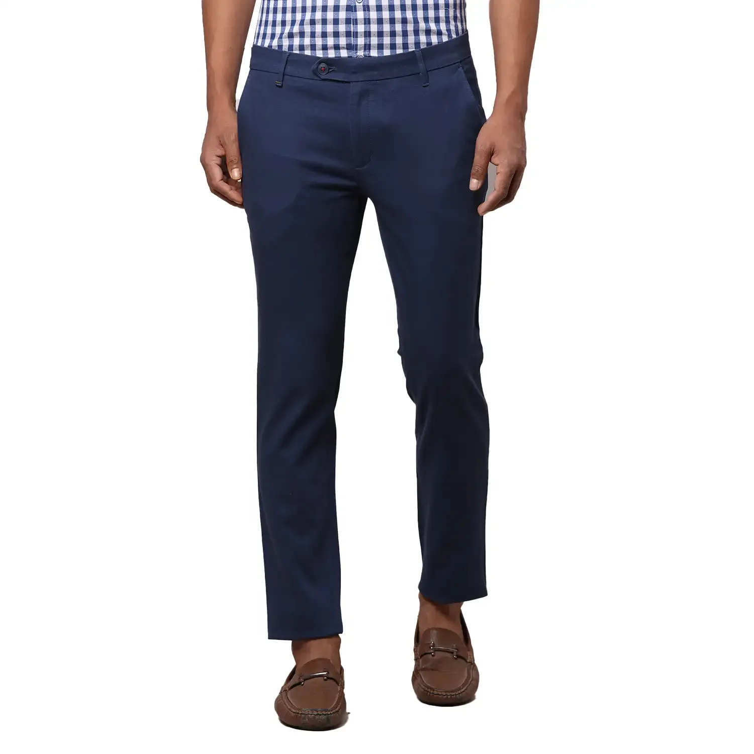 Men Blue Contemporary Fit Solid Cotton Blend Trouser