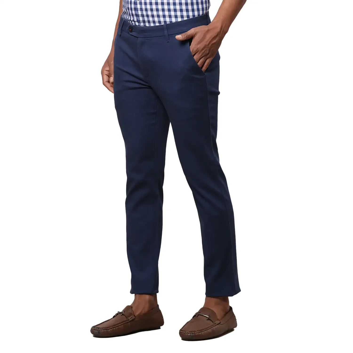 Men Blue Contemporary Fit Solid Cotton Blend Trouser - Image 3