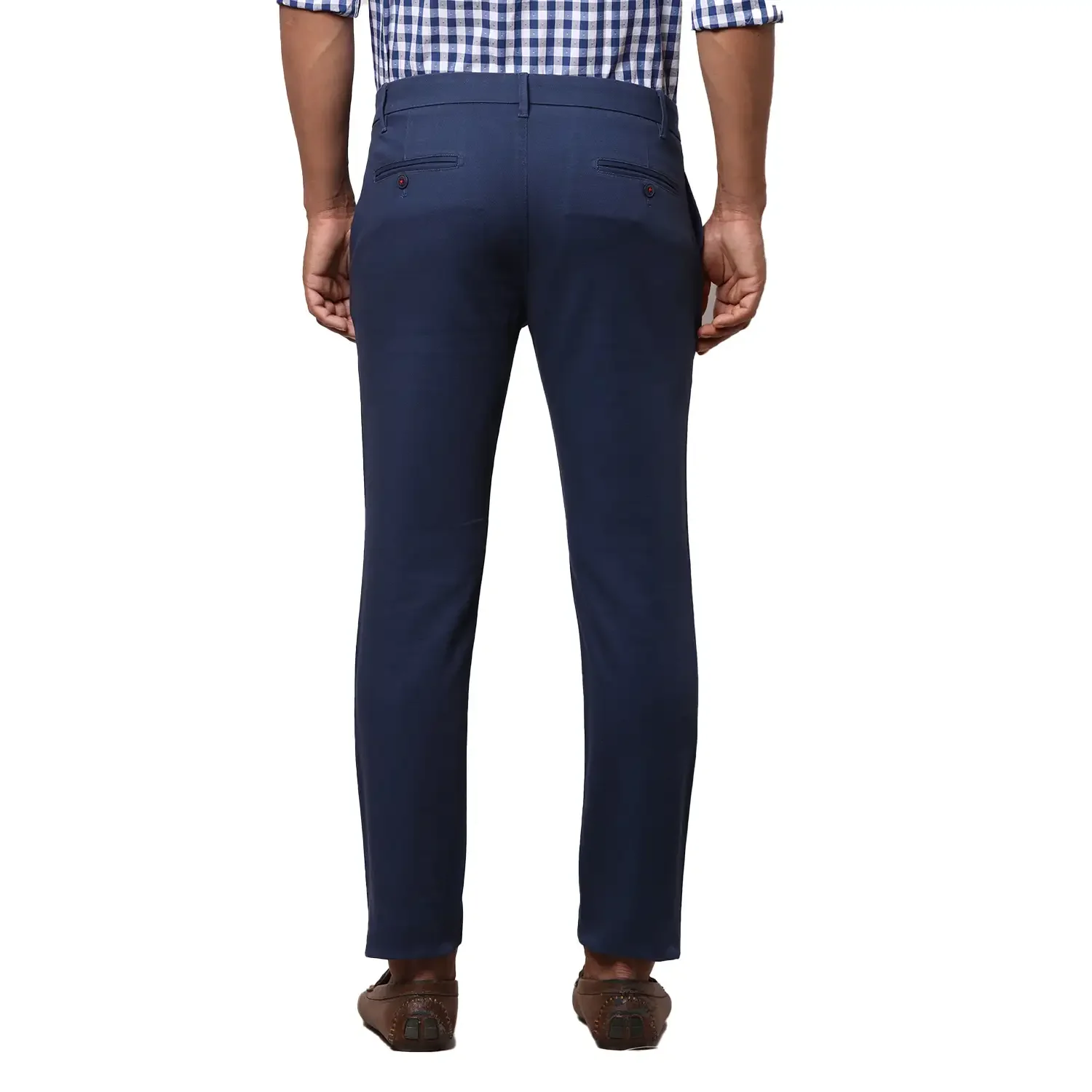 Men Blue Contemporary Fit Solid Cotton Blend Trouser - Image 4