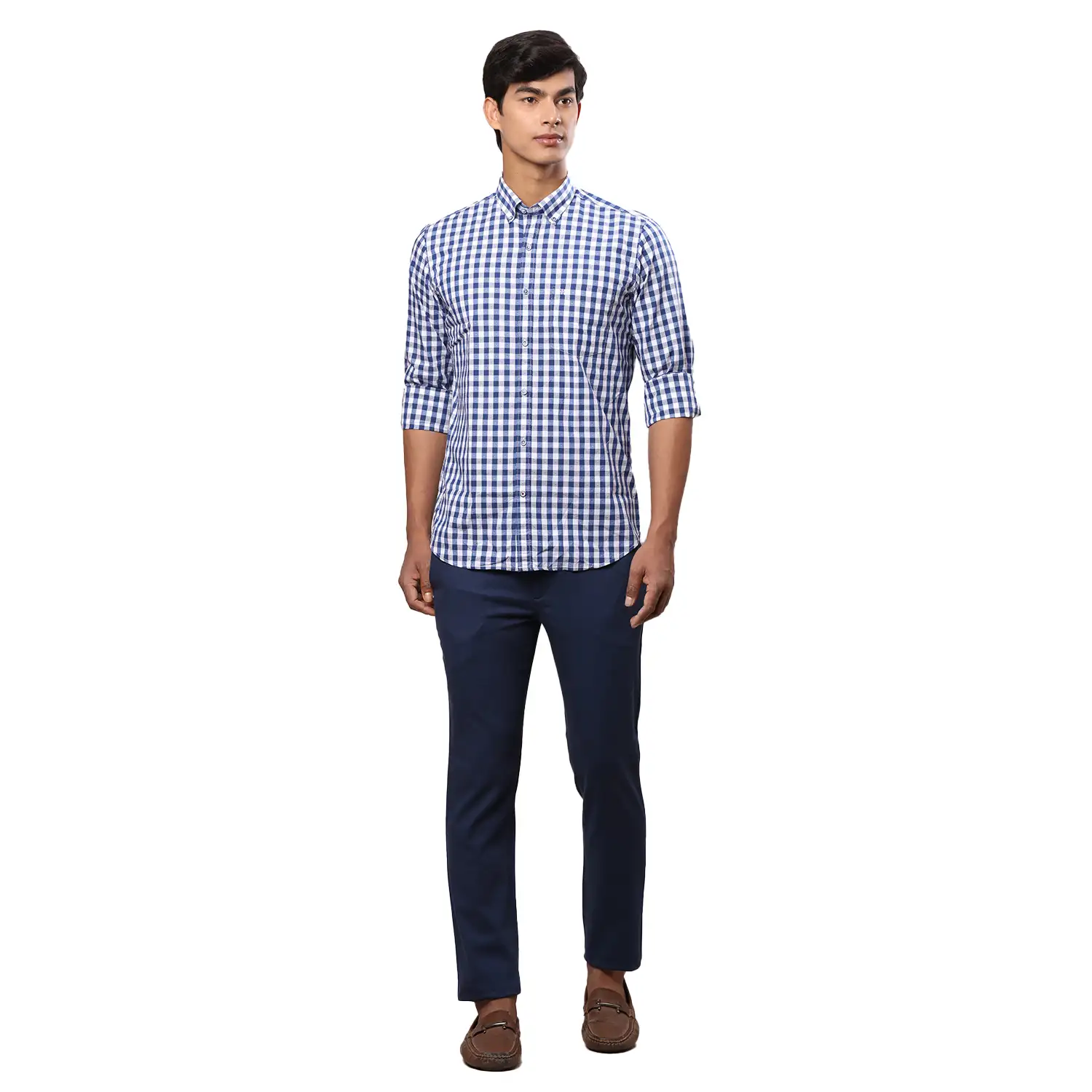 Men Blue Contemporary Fit Solid Cotton Blend Trouser - Image 5