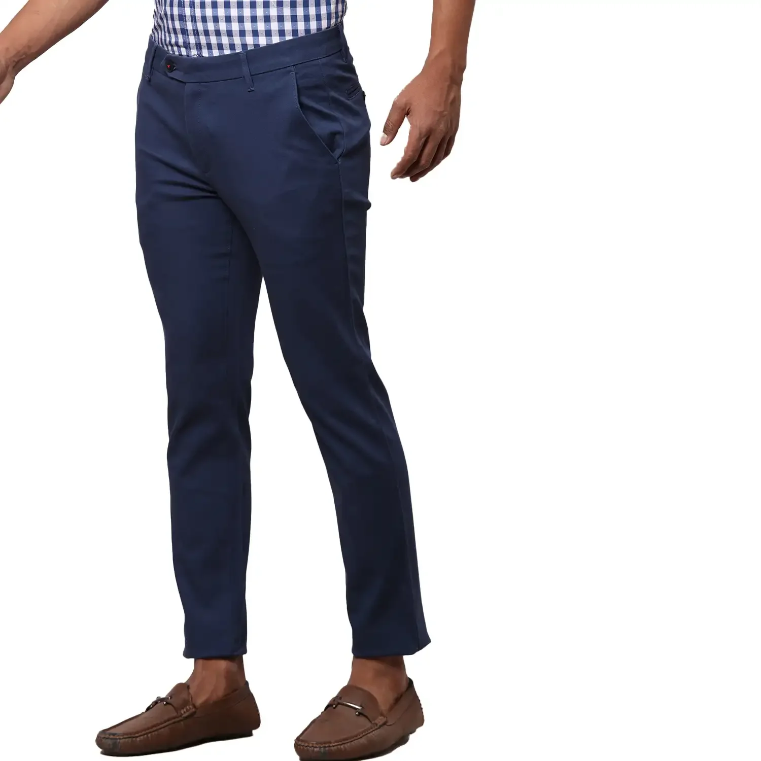 Men Blue Contemporary Fit Solid Cotton Blend Trouser - Image 6