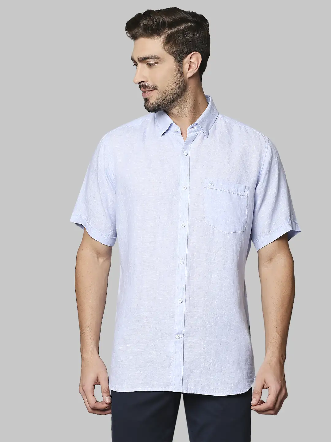 Men Blue Contemporary Fit Solid Linen Half Sleeve Shirts