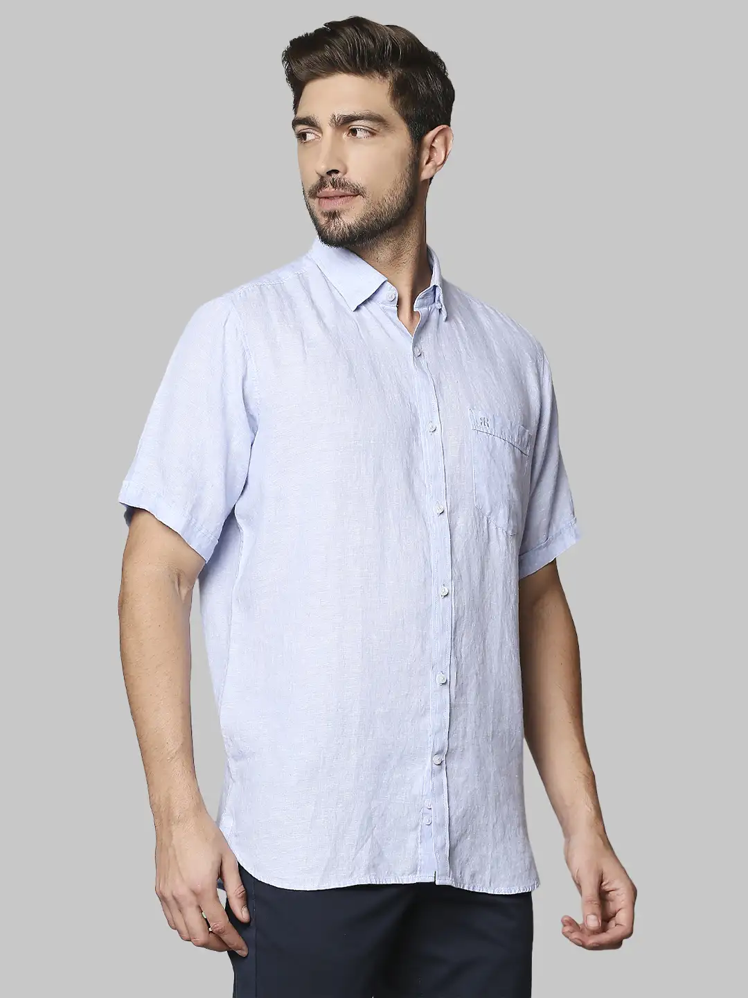 Men Blue Contemporary Fit Solid Linen Half Sleeve Shirts - Image 2