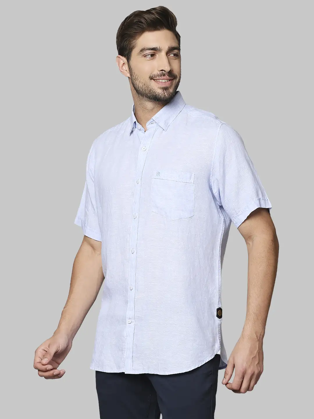 Men Blue Contemporary Fit Solid Linen Half Sleeve Shirts - Image 3