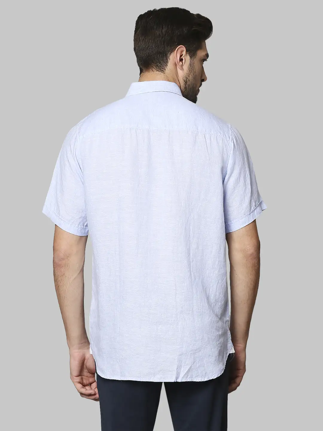 Men Blue Contemporary Fit Solid Linen Half Sleeve Shirts - Image 4