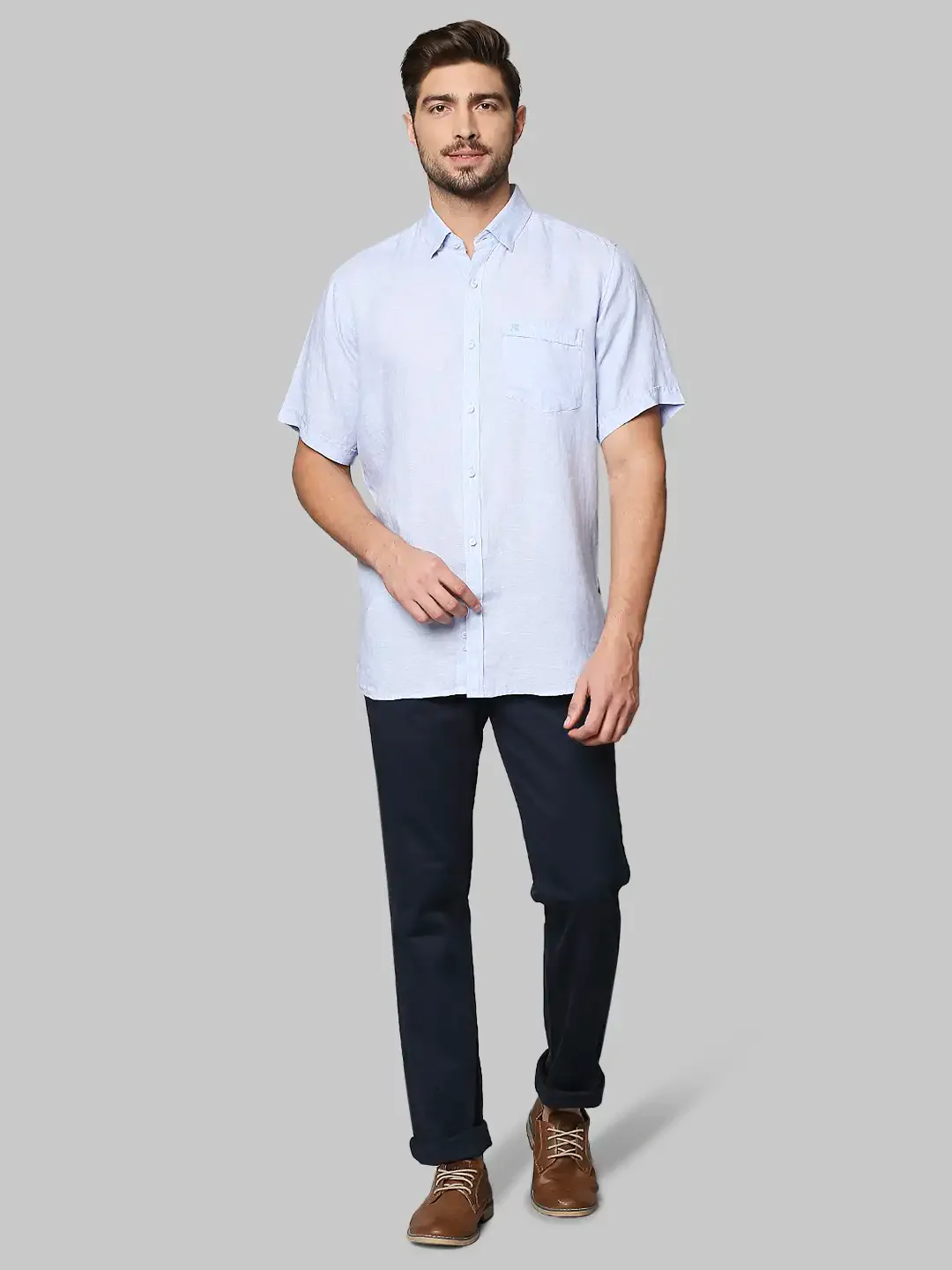 Men Blue Contemporary Fit Solid Linen Half Sleeve Shirts - Image 5