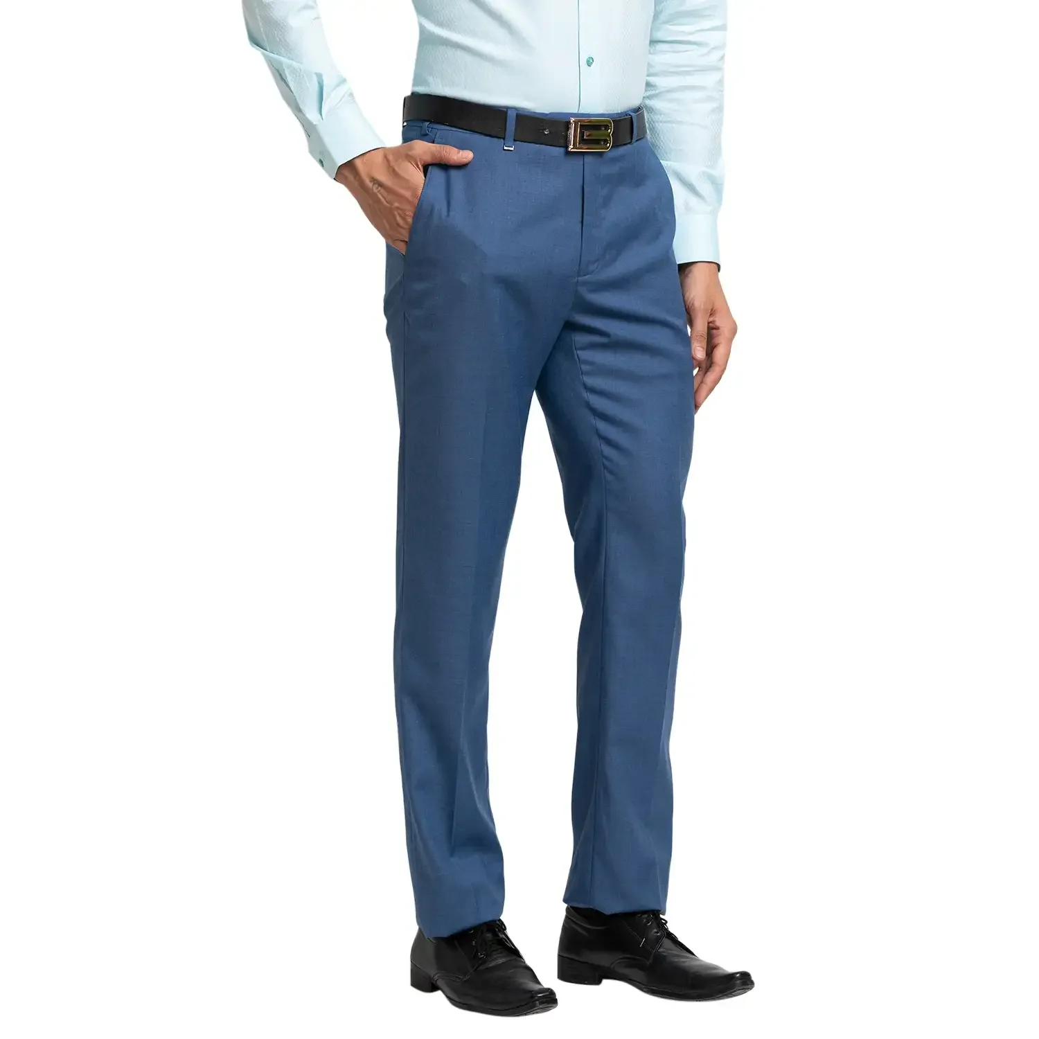 Men Blue Contemporary Fit Solid Polyester Blend Trouser