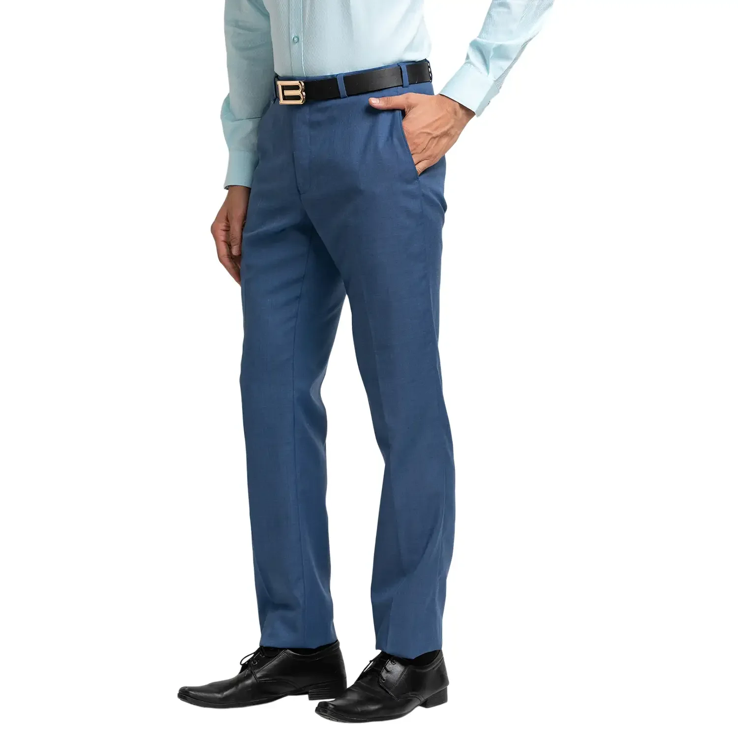 Men Blue Contemporary Fit Solid Polyester Blend Trouser - Image 2