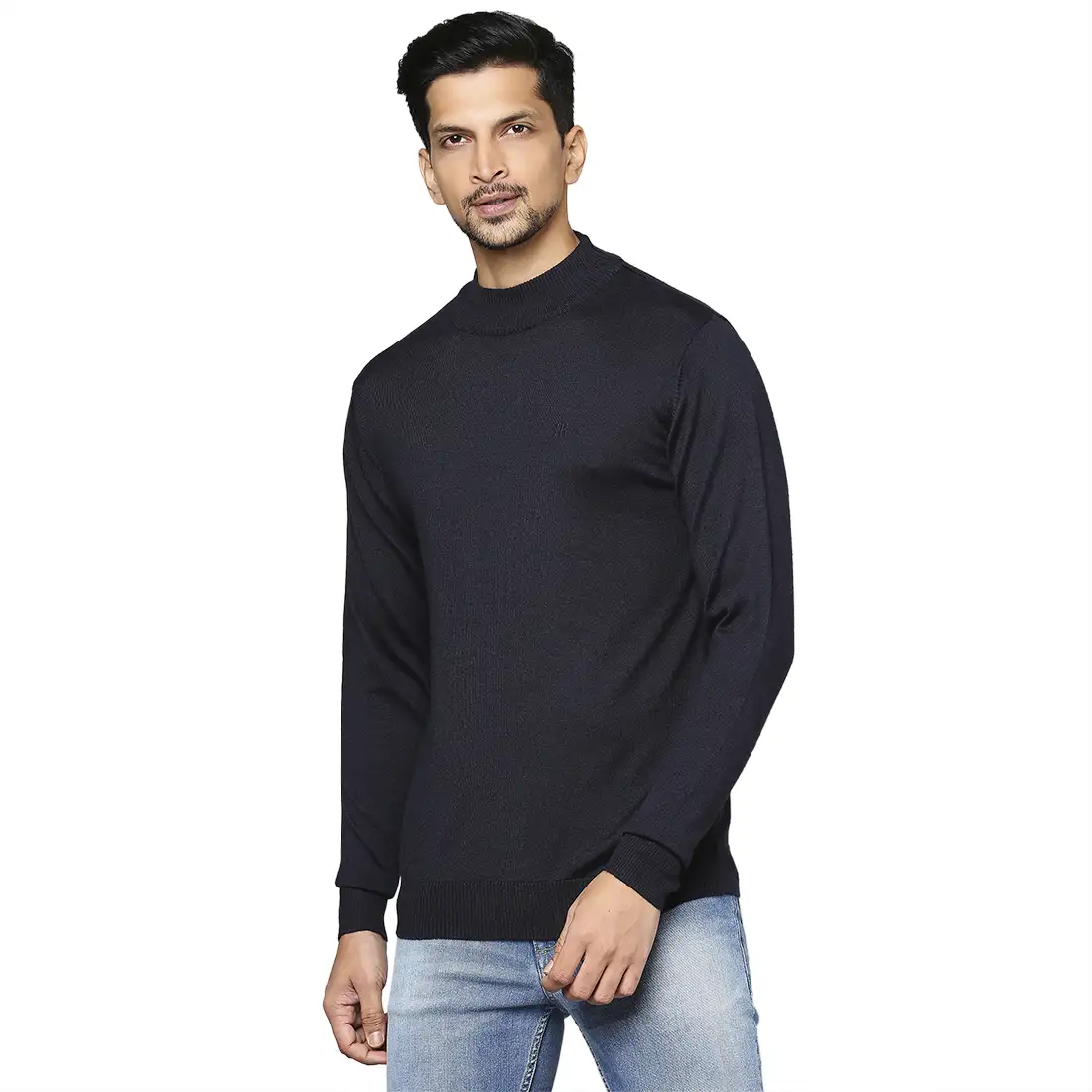 Men Blue Contemporary Fit Solid Wool Blend Full Sleeve Crew Neck Collar Sweaters