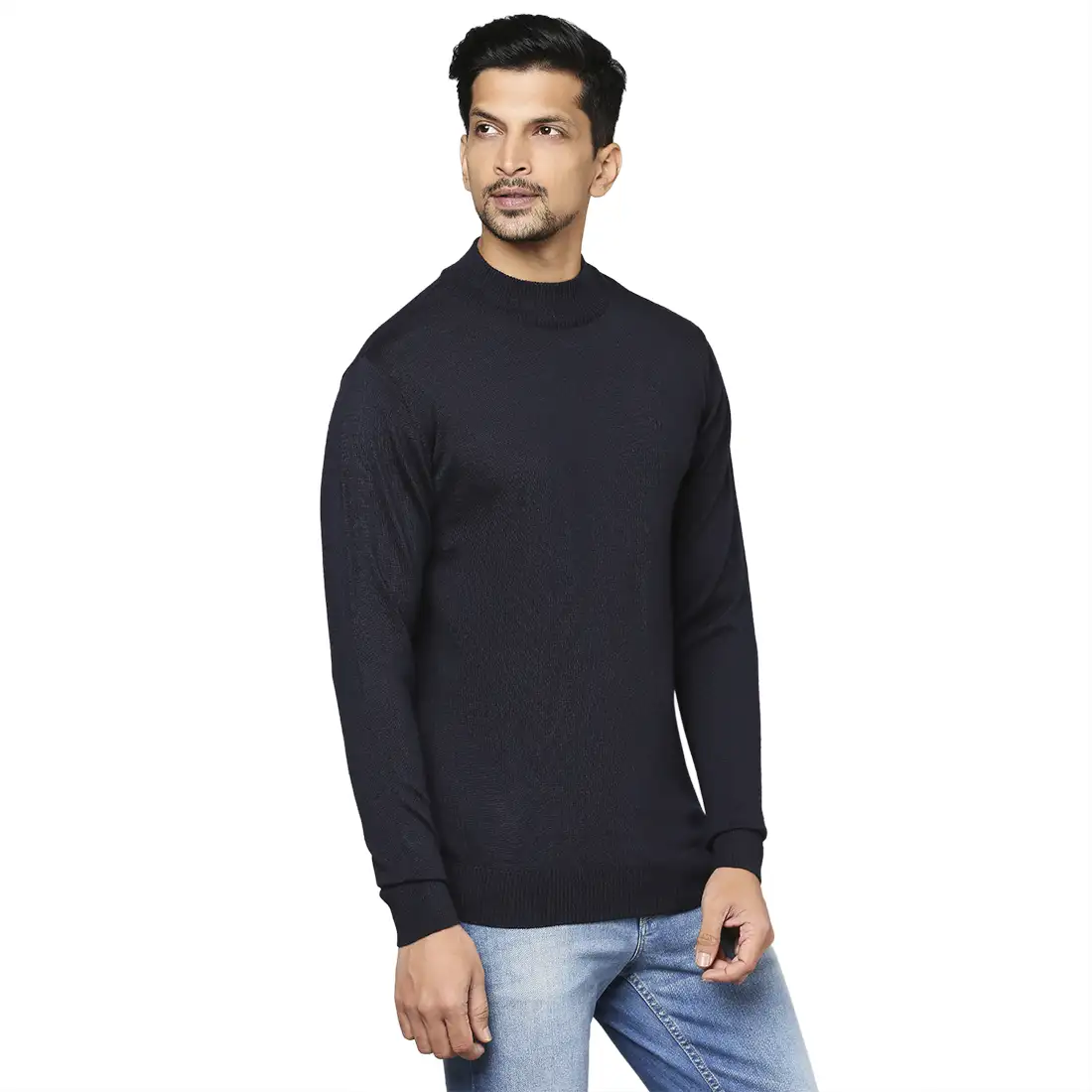 Men Blue Contemporary Fit Solid Wool Blend Full Sleeve Crew Neck Collar Sweaters - Image 2