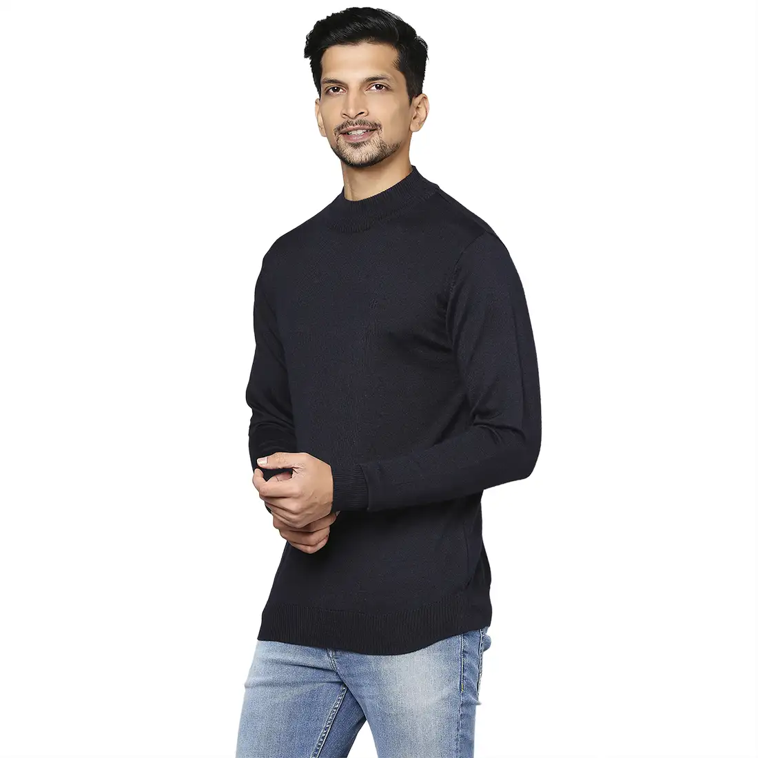 Men Blue Contemporary Fit Solid Wool Blend Full Sleeve Crew Neck Collar Sweaters - Image 3
