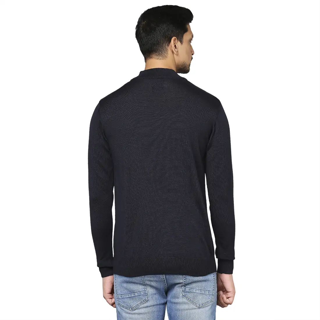 Men Blue Contemporary Fit Solid Wool Blend Full Sleeve Crew Neck Collar Sweaters - Image 4