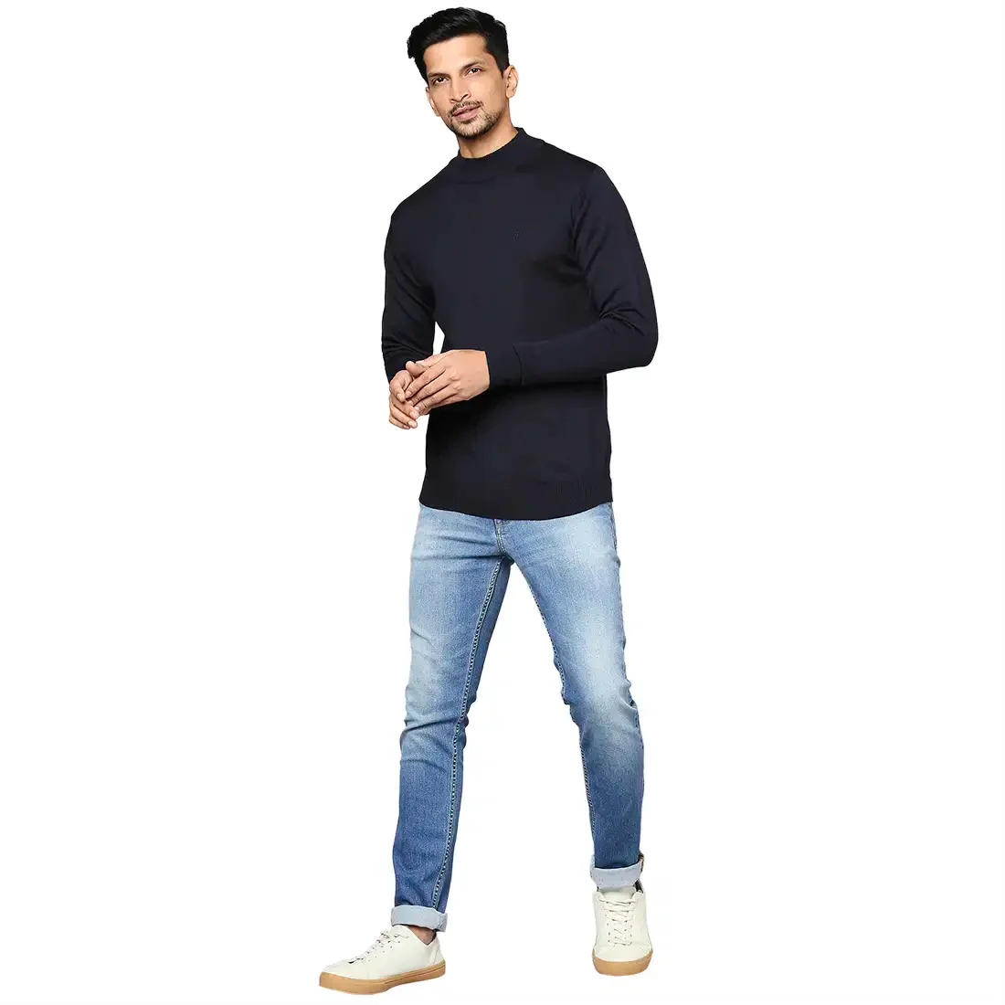 Men Blue Contemporary Fit Solid Wool Blend Full Sleeve Crew Neck Collar Sweaters - Image 5