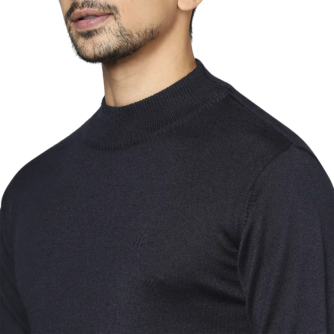Men Blue Contemporary Fit Solid Wool Blend Full Sleeve Crew Neck Collar Sweaters - Image 6