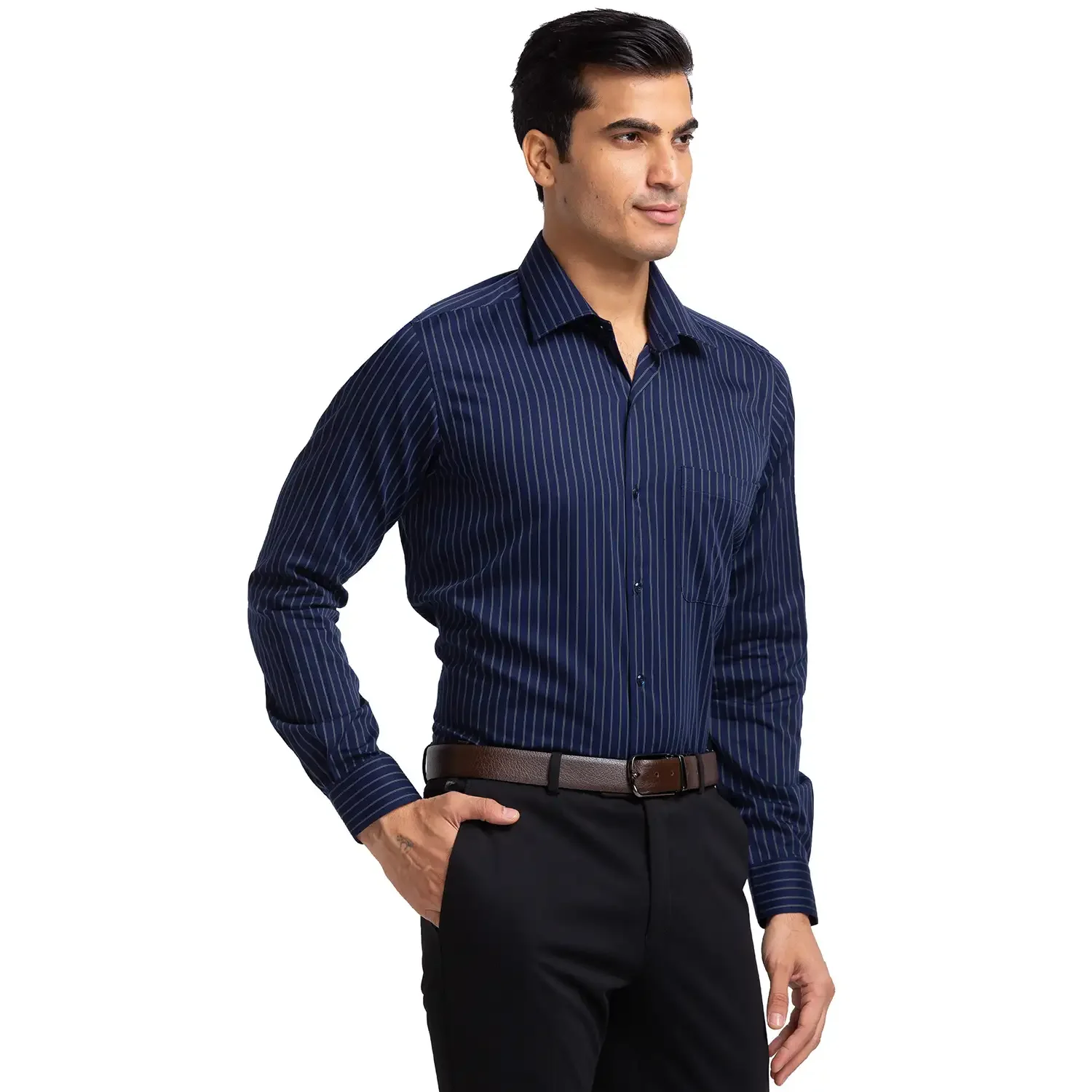 Men Blue Contemporary Fit Stripe Cotton Cut Collar Shirts - Image 2