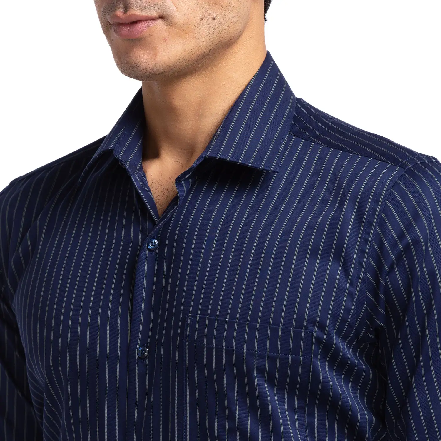 Men Blue Contemporary Fit Stripe Cotton Cut Collar Shirts - Image 6