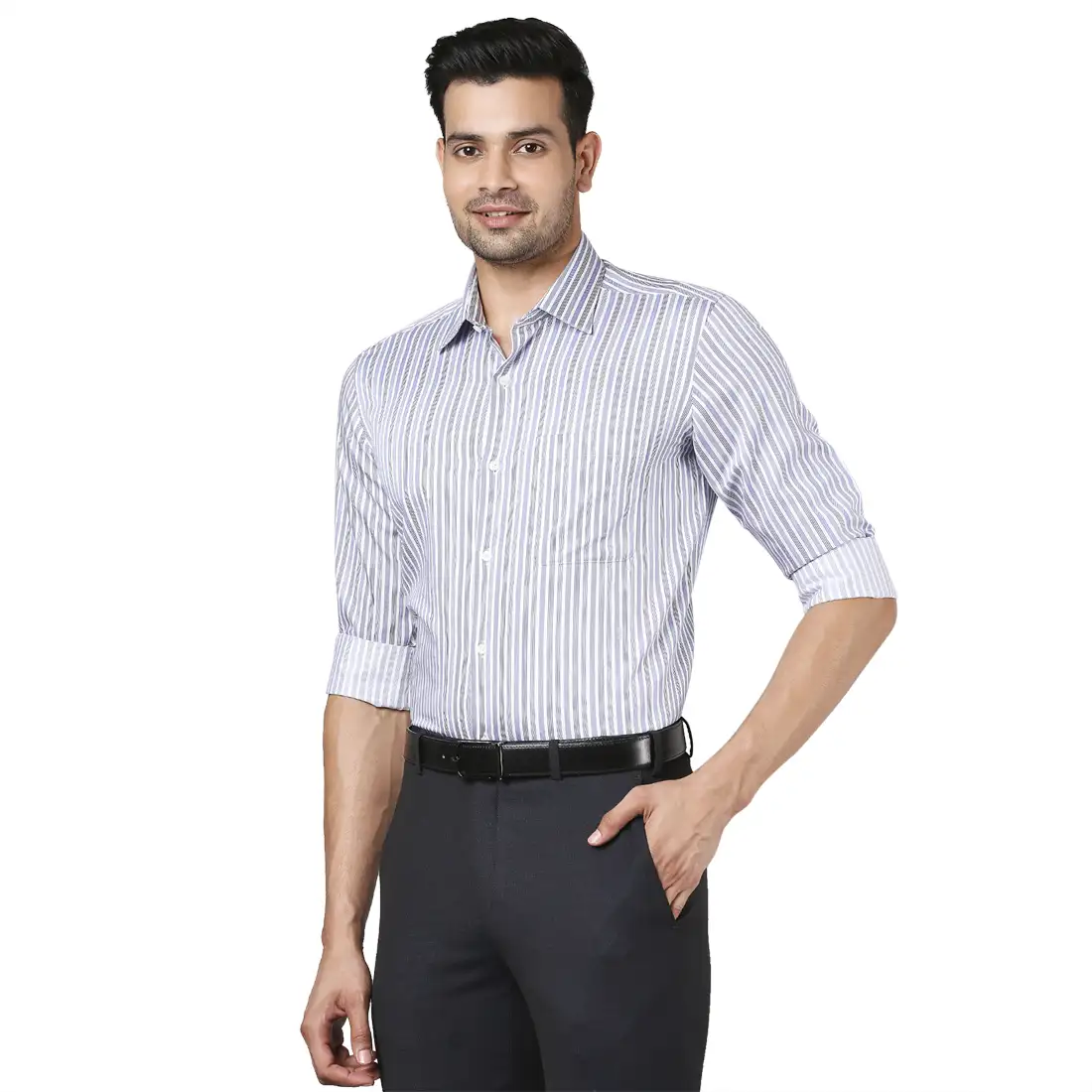 Men Blue Contemporary Fit Stripe Cotton Full Sleeve Shirts - Image 2