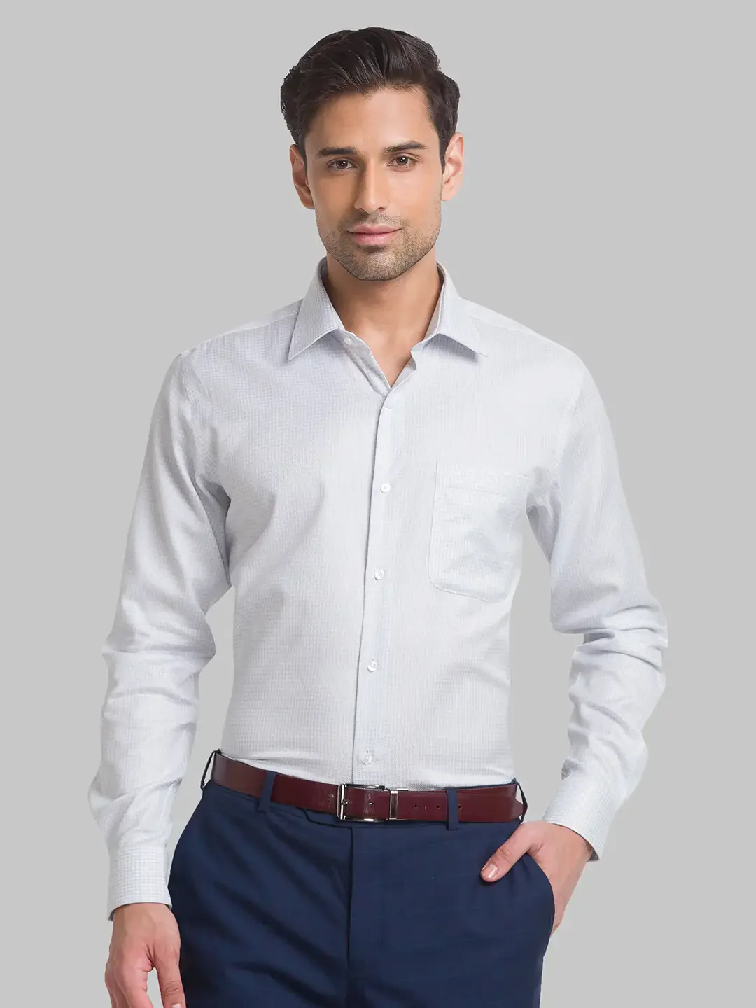 Men Blue Contemporary Fit Structure Cotton Cut Collar Shirts