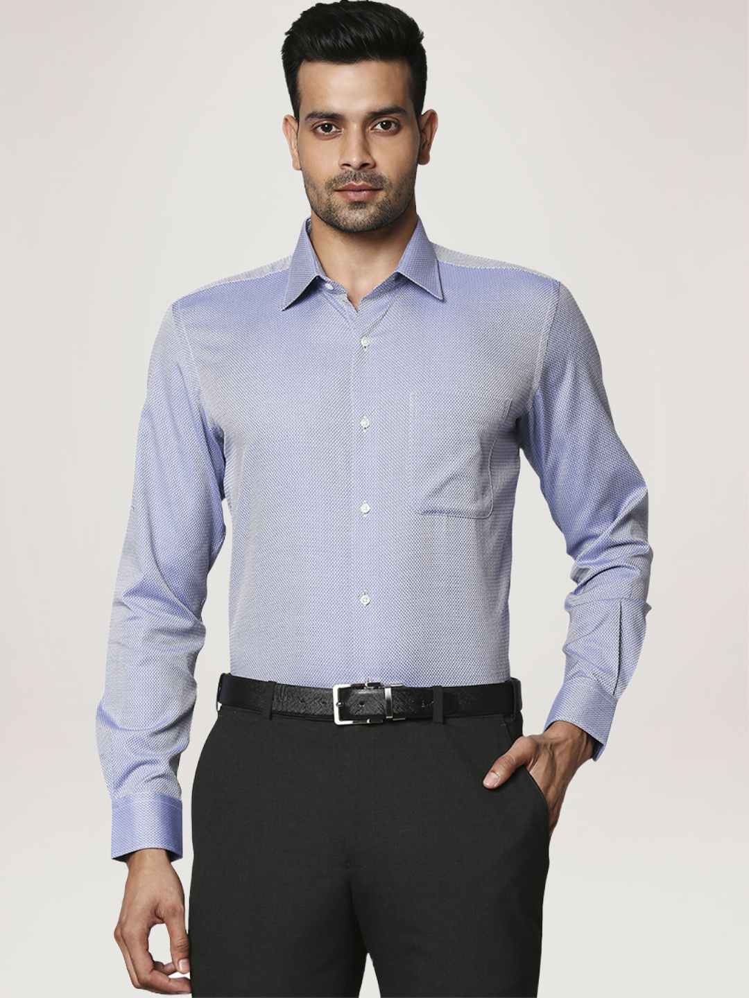 Men Blue Contemporary Fit Structure Cotton Cut Collar Shirts - Image 4