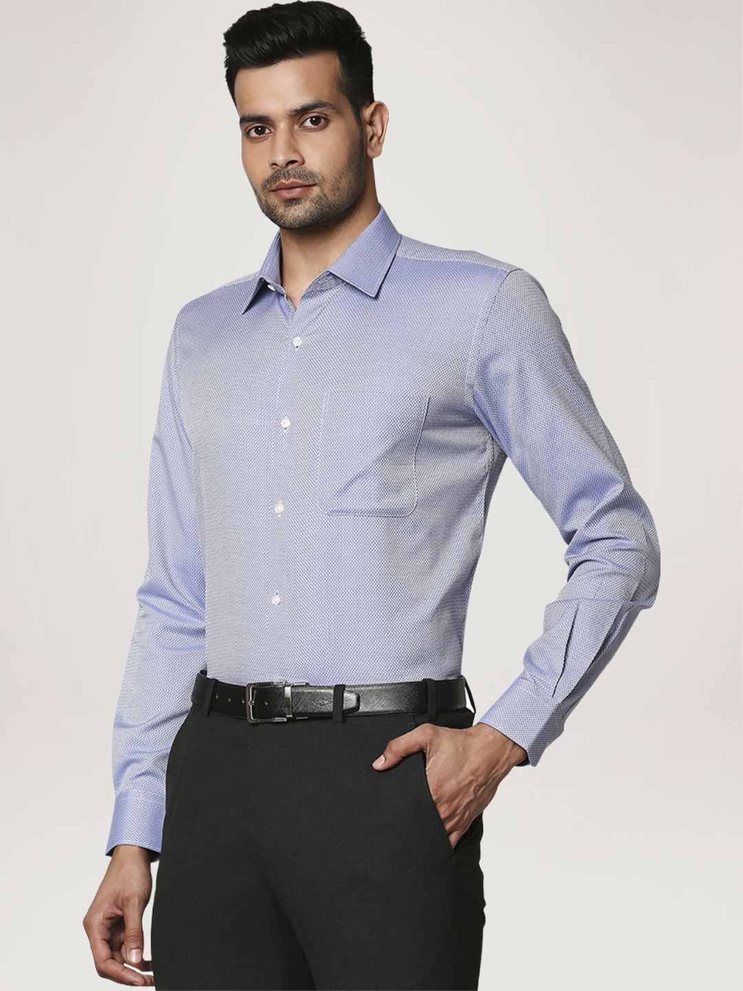Men Blue Contemporary Fit Structure Cotton Cut Collar Shirts - Image 6
