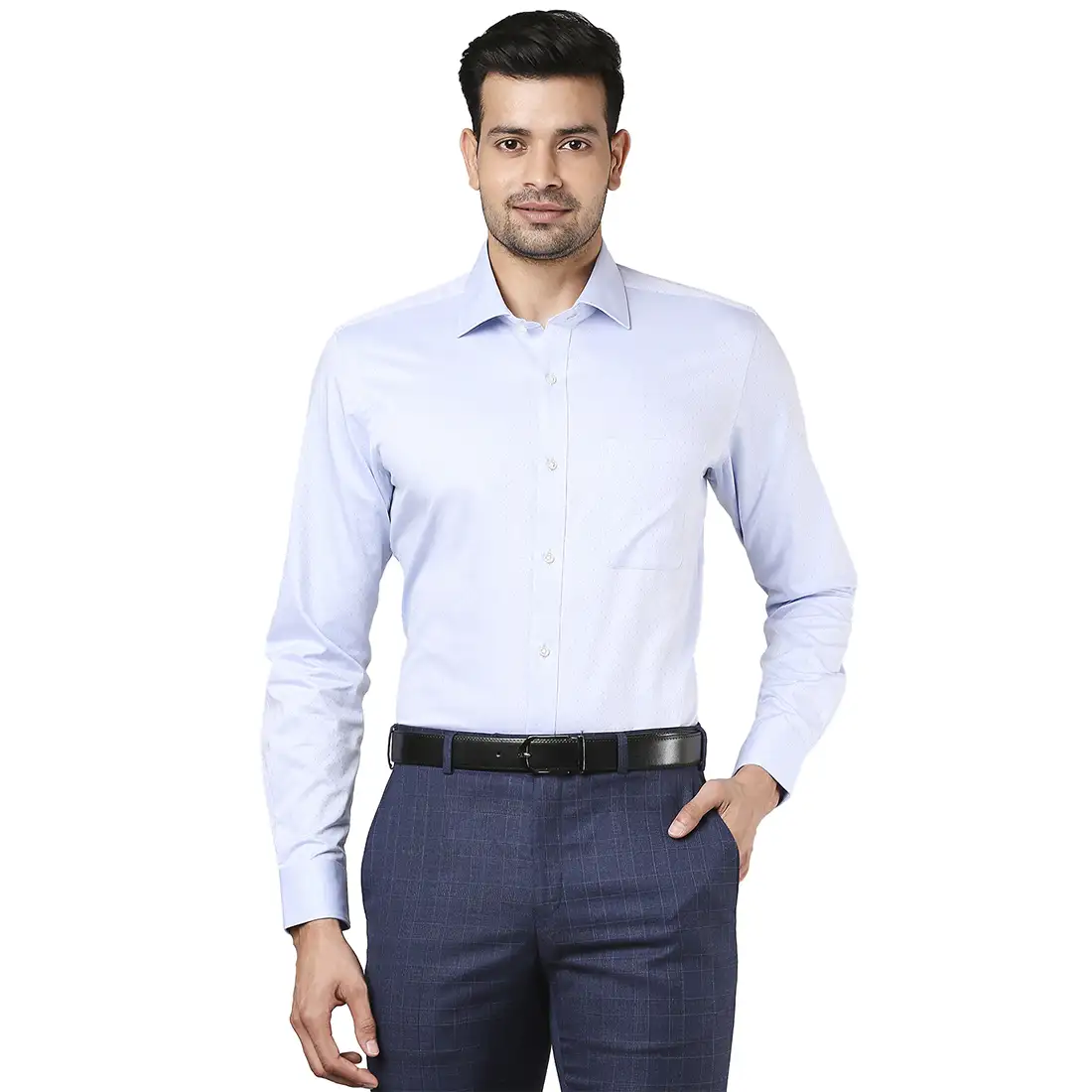 Men Blue Contemporary Fit Structure Cotton Cut Collar Shirts