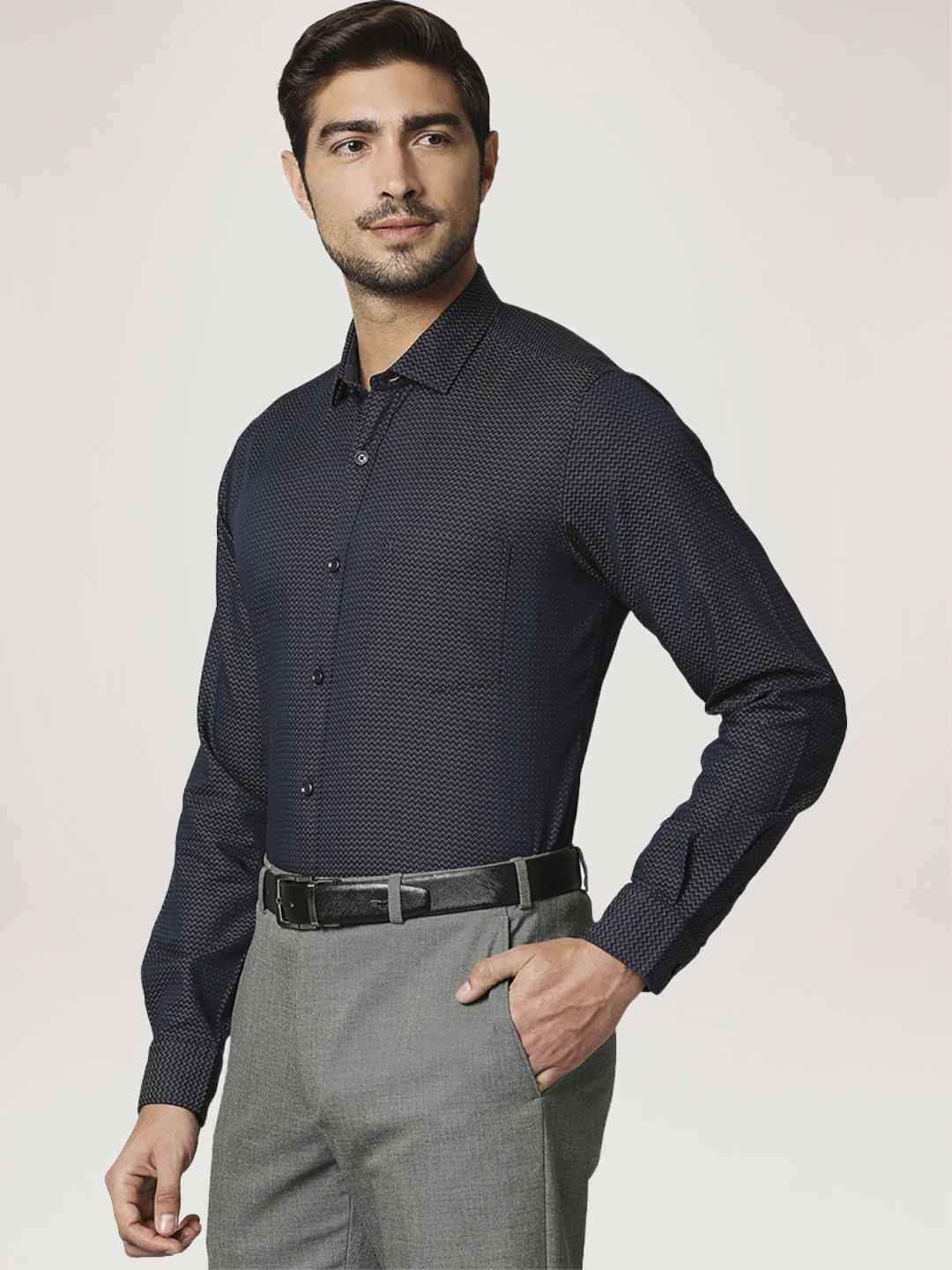 Men Blue Contemporary Fit Structure Cotton Shirts - Image 4