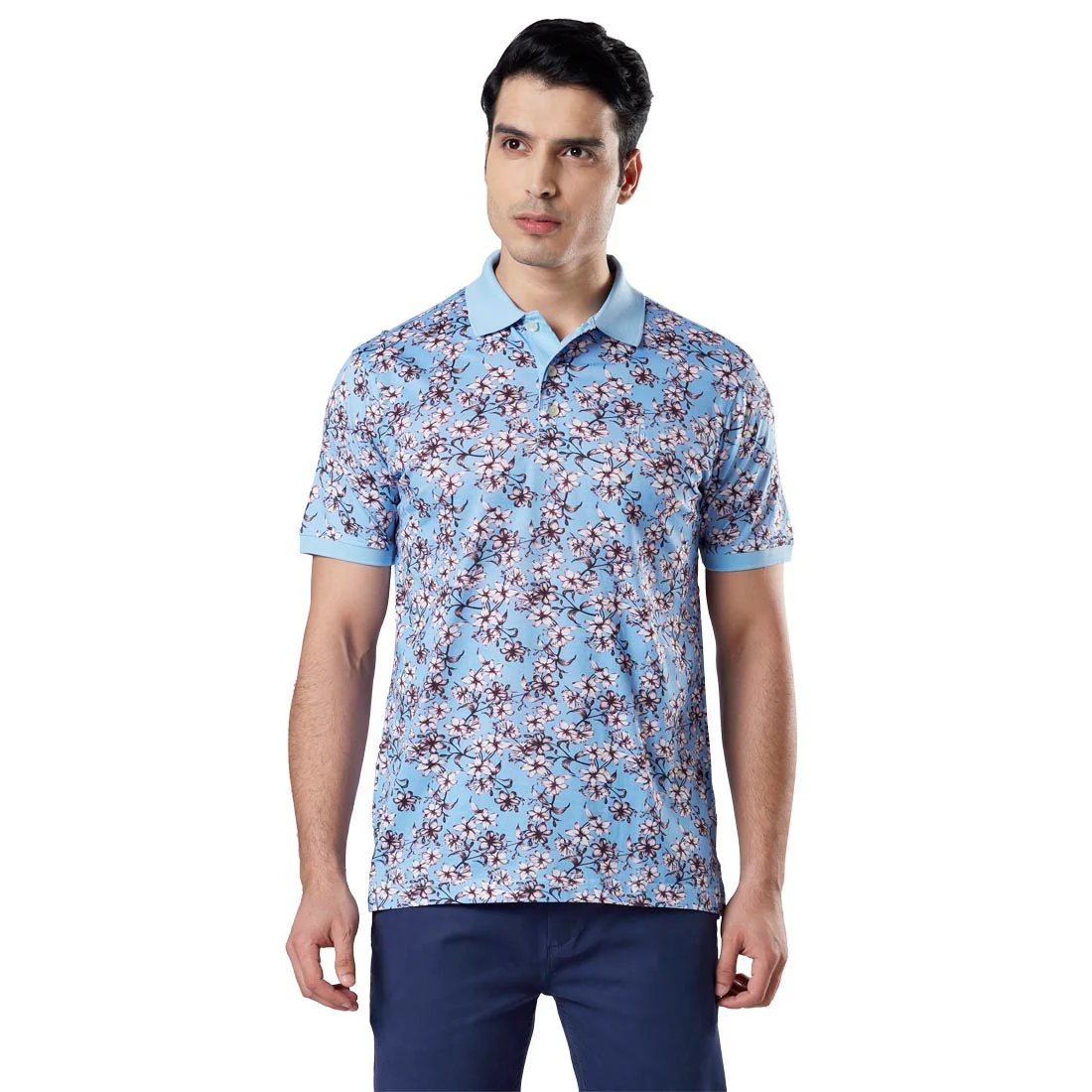 Men Blue Contemporary Fit Supima Cotton Half Sleeve Round Neck Collar Polo T-Shirt