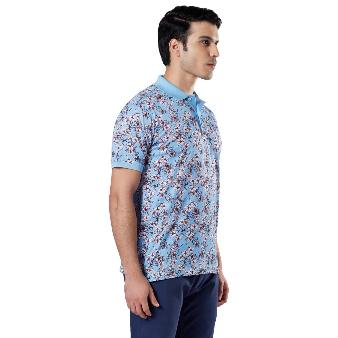 Men Blue Contemporary Fit Supima Cotton Half Sleeve Round Neck Collar Polo T-Shirt - Image 2