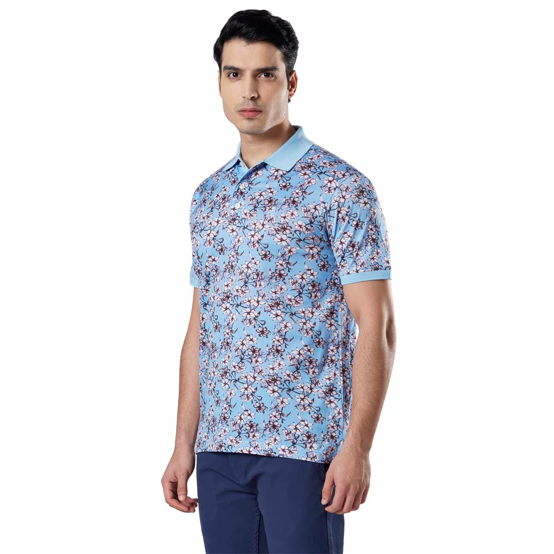 Men Blue Contemporary Fit Supima Cotton Half Sleeve Round Neck Collar Polo T-Shirt - Image 3