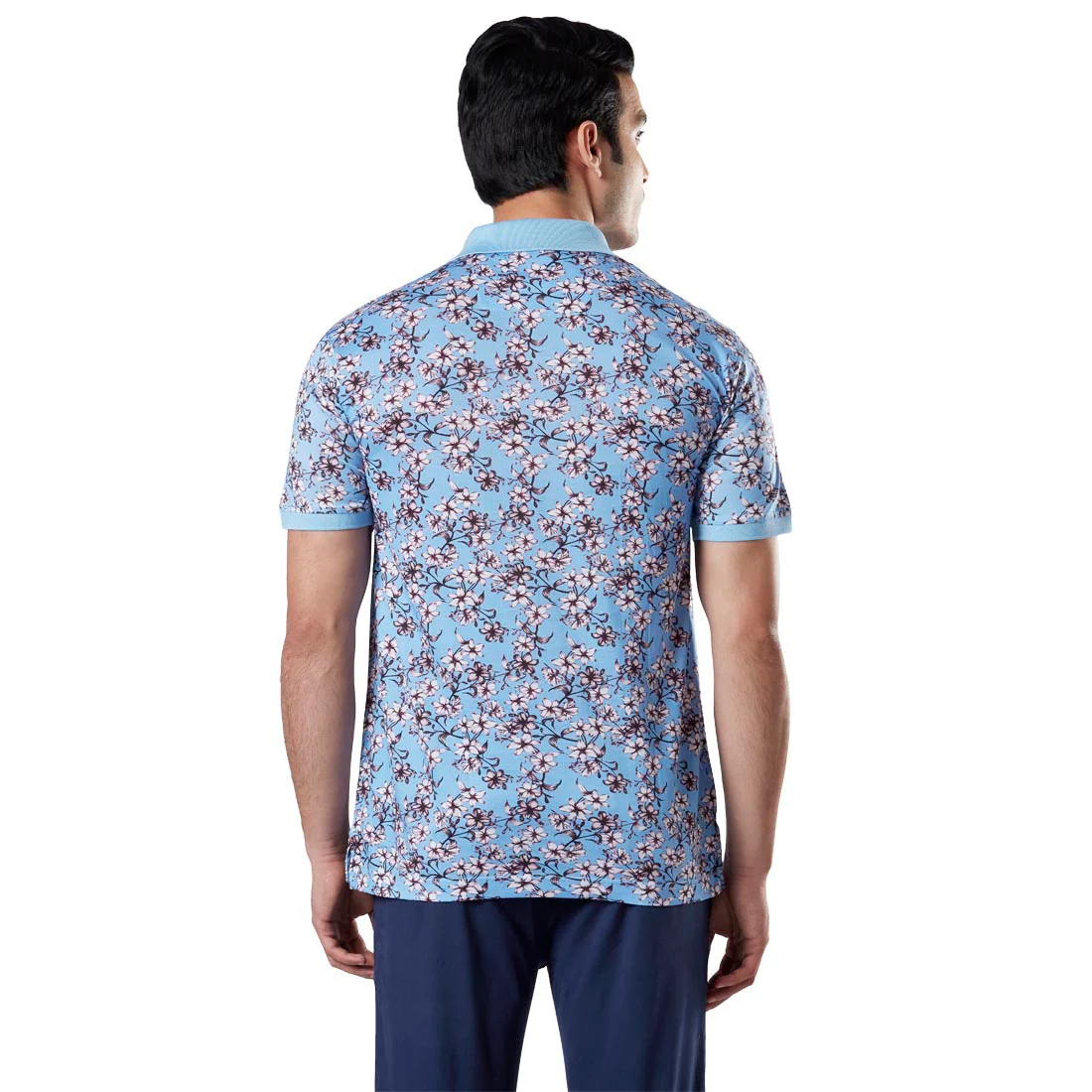 Men Blue Contemporary Fit Supima Cotton Half Sleeve Round Neck Collar Polo T-Shirt - Image 4