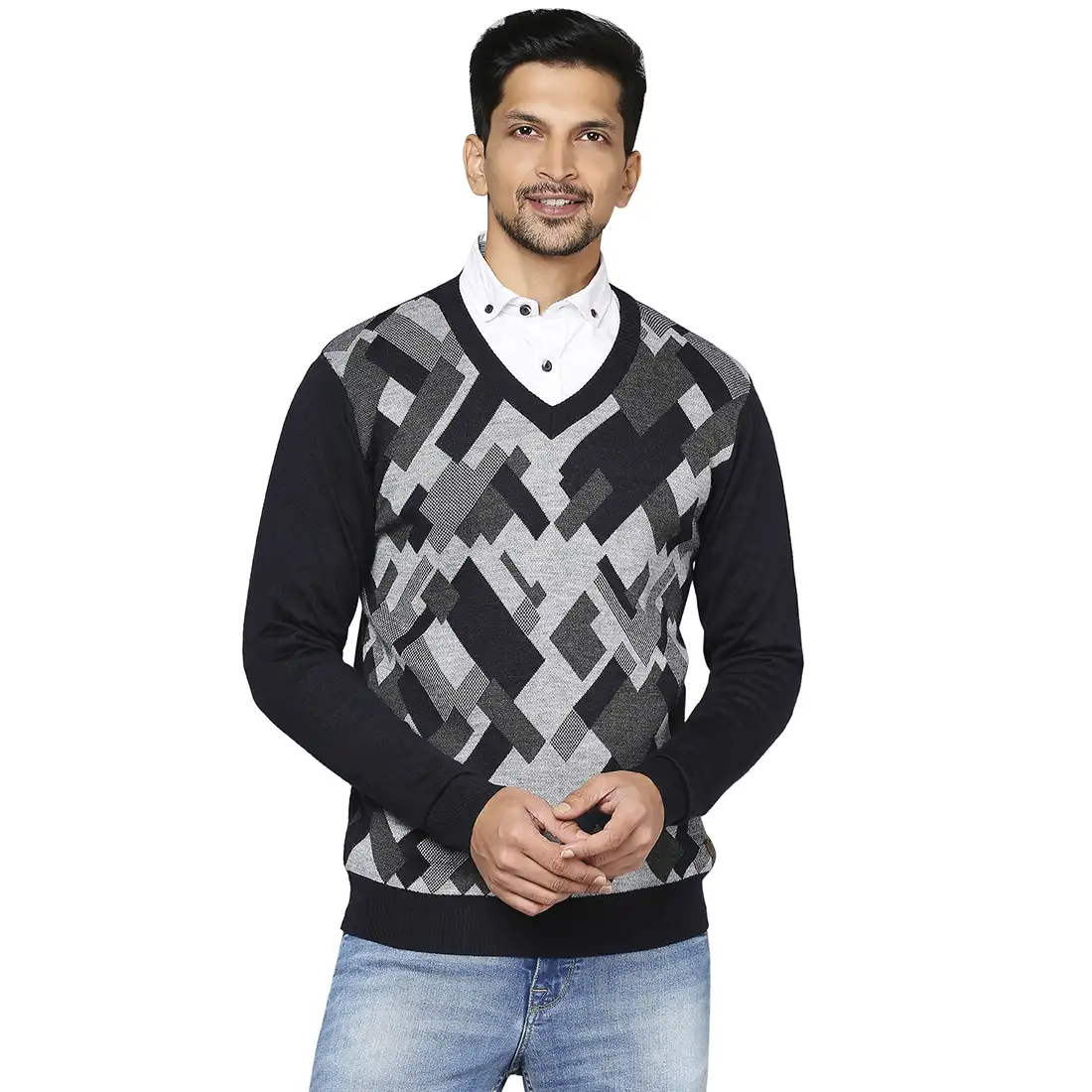 Men Blue Intarsia Wool Blend Full Sleeve V Neck Collar Sweaters