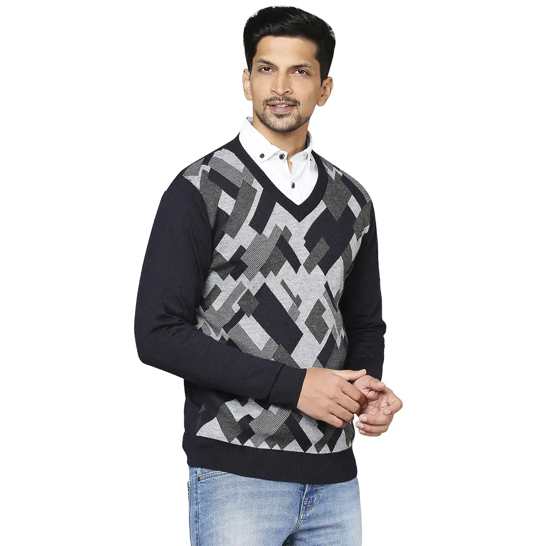 Men Blue Intarsia Wool Blend Full Sleeve V Neck Collar Sweaters - Image 2
