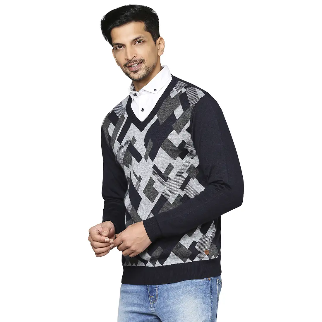 Men Blue Intarsia Wool Blend Full Sleeve V Neck Collar Sweaters - Image 3