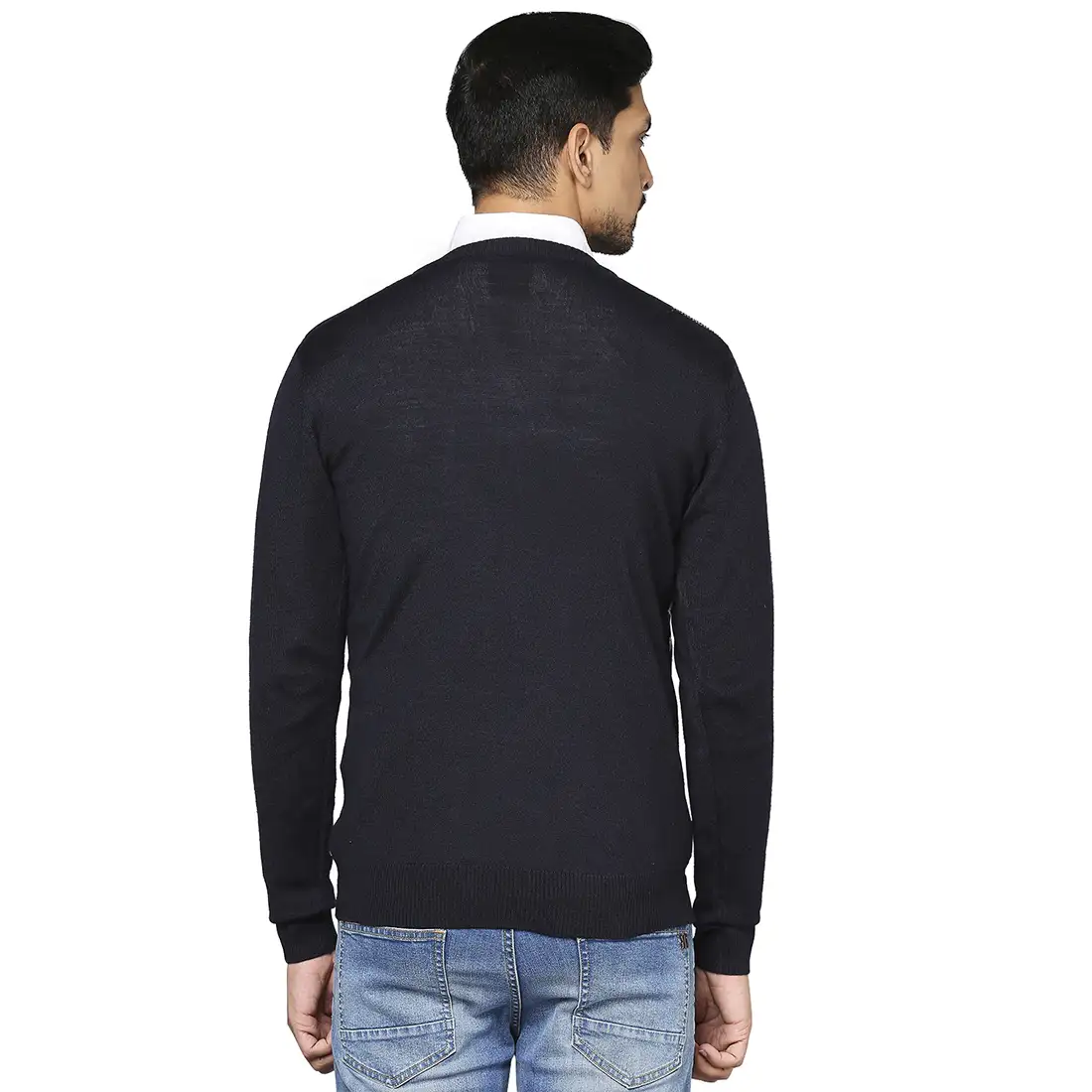 Men Blue Intarsia Wool Blend Full Sleeve V Neck Collar Sweaters - Image 4