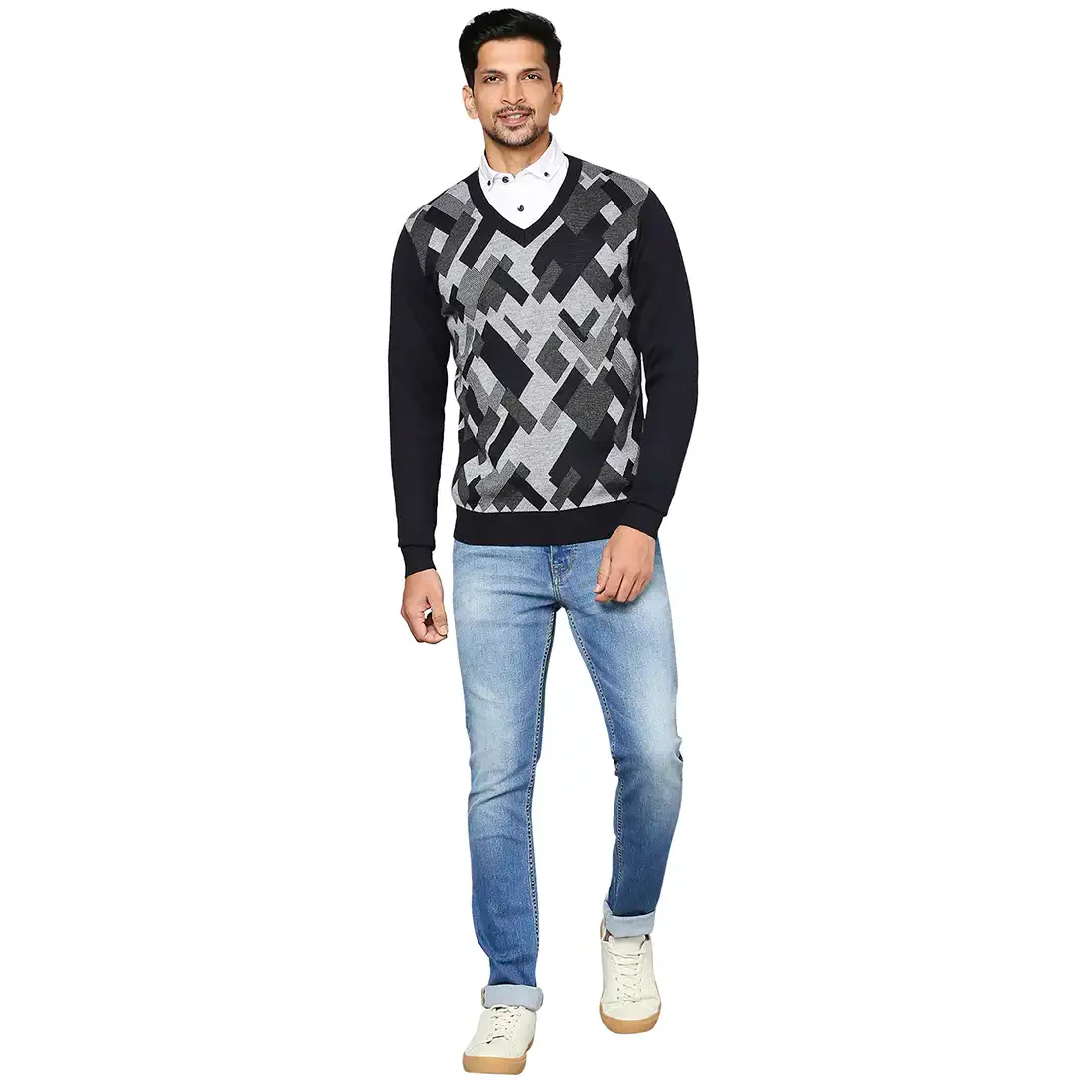 Men Blue Intarsia Wool Blend Full Sleeve V Neck Collar Sweaters - Image 5