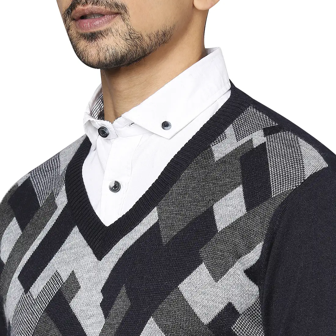 Men Blue Intarsia Wool Blend Full Sleeve V Neck Collar Sweaters - Image 6