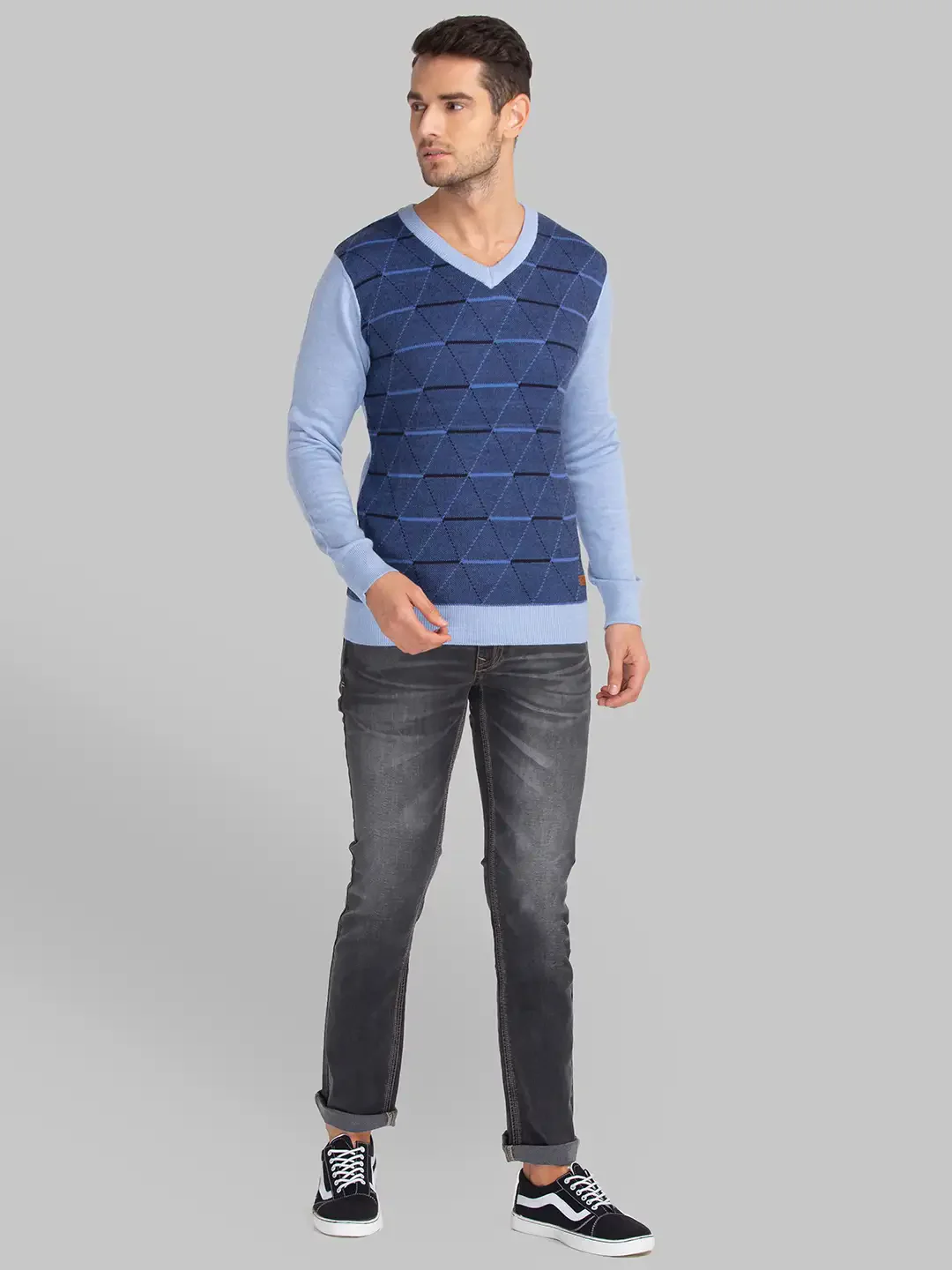 Men Blue Jacquard Acrylic Blend Full Sleeve Sweaters - Image 5