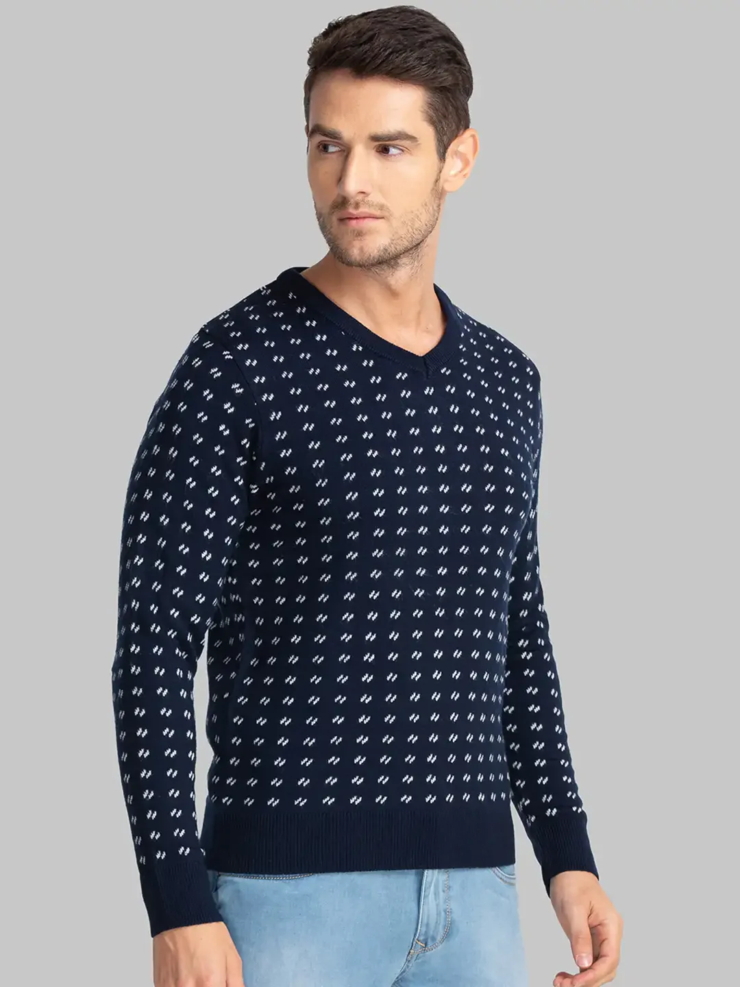 Men Blue Jacquard Acrylic Full Sleeve Sweaters - Image 2