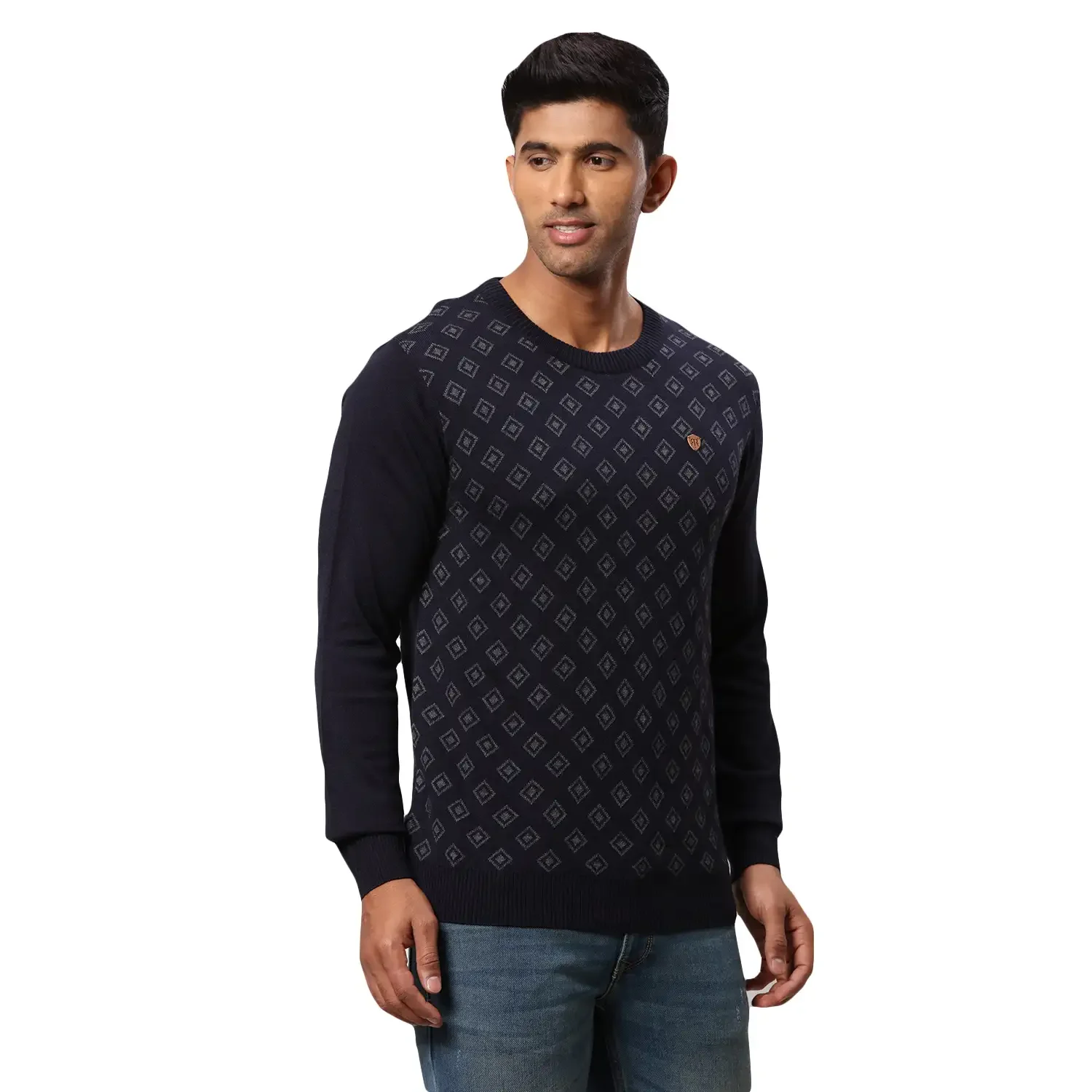 Men Blue Jacquard Acrylic Wool Blend Round Collar Sweaters - Image 2
