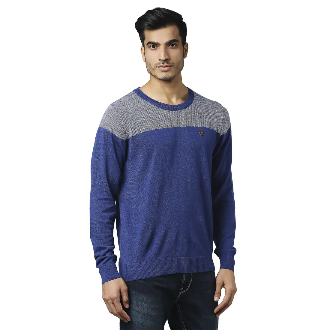 Men Blue Jacquard Acrylic Wool Blend Round Collar Sweaters - Image 2