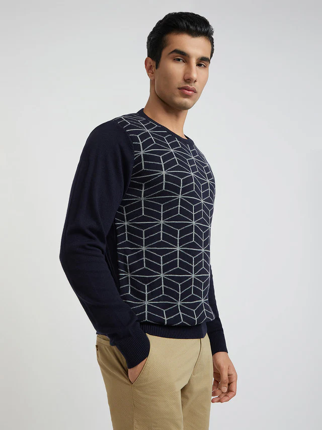 Men Blue Jacquard Acrylic Wool Blend Round Collar Sweaters - Image 2
