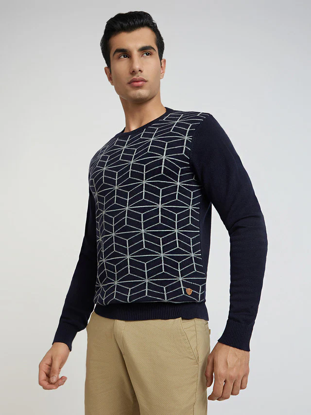 Men Blue Jacquard Acrylic Wool Blend Round Collar Sweaters - Image 3