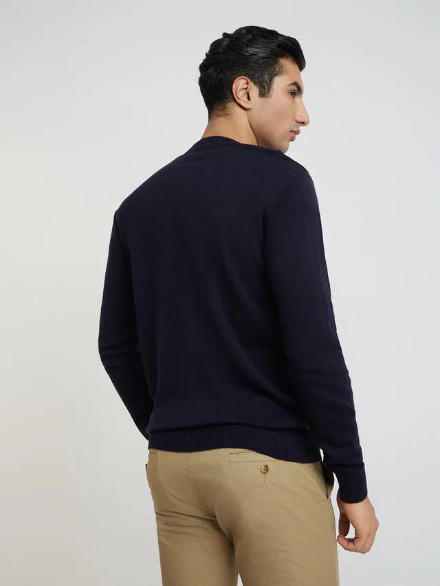 Men Blue Jacquard Acrylic Wool Blend Round Collar Sweaters - Image 4
