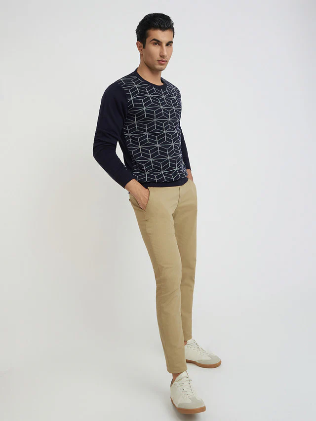 Men Blue Jacquard Acrylic Wool Blend Round Collar Sweaters - Image 5