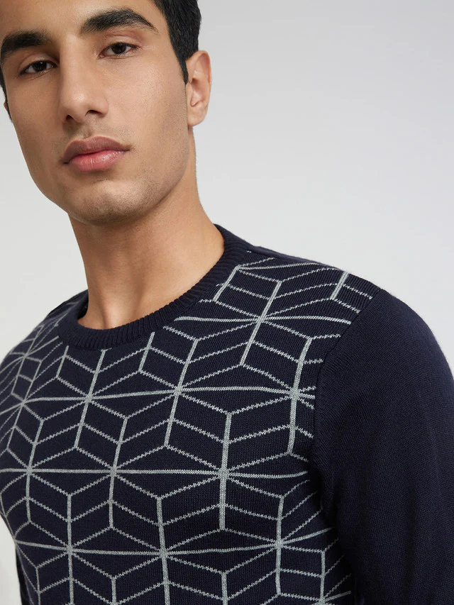 Men Blue Jacquard Acrylic Wool Blend Round Collar Sweaters - Image 6