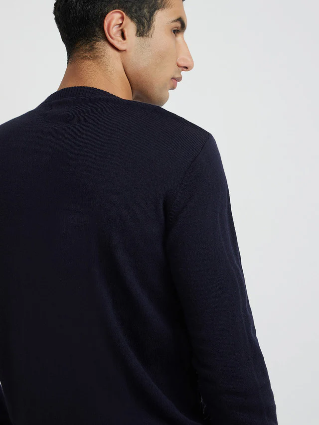 Men Blue Jacquard Acrylic Wool Blend Round Collar Sweaters - Image 7