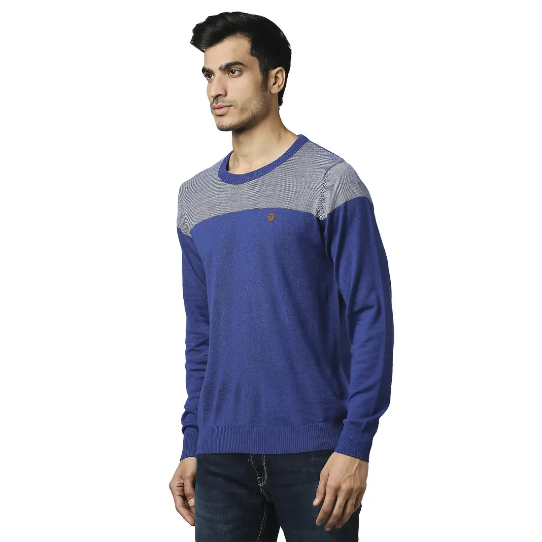 Men Blue Jacquard Acrylic Wool Blend Round Collar Sweaters - Image 3
