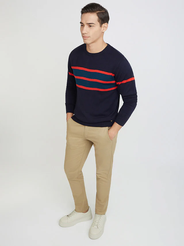 Raymond Men Blue Jacquard Round Neck Collar Sweater - Image 5