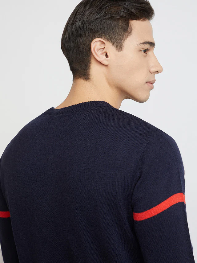 Raymond Men Blue Jacquard Round Neck Collar Sweater - Image 7